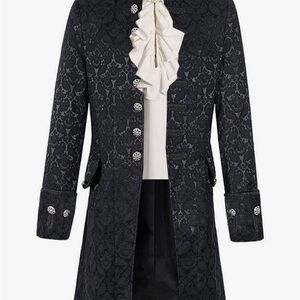 Men's Elegant Black Brocade Trench Coat Halloween